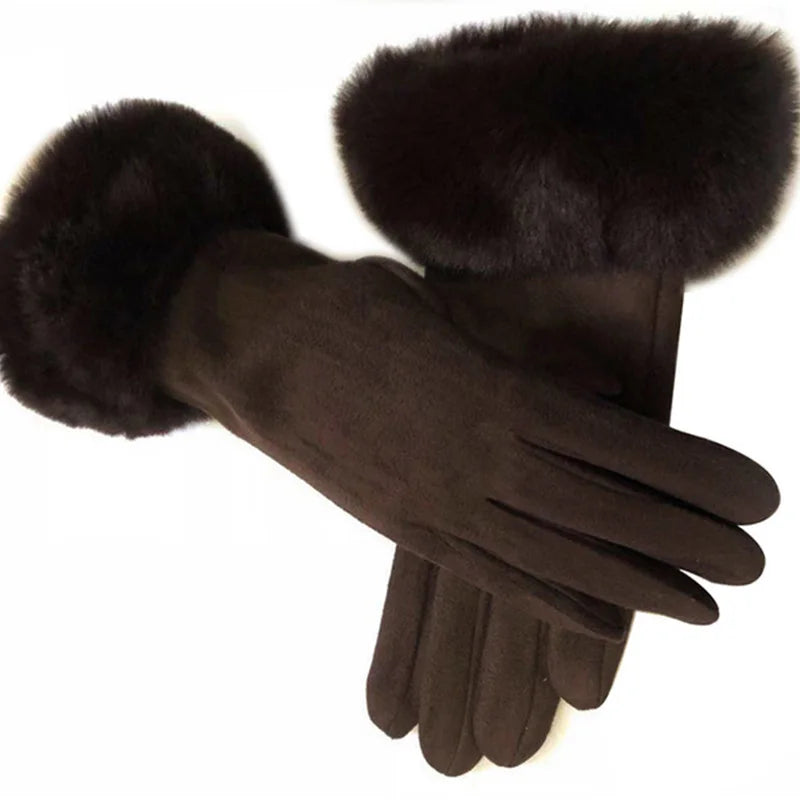 NEW Arrivals 18 Colors Women Faux Rabbit Fur Wrist Suede Leather Touch Screen Driving Glove Winter Warm Plush Thick Full Finger Cycling Black Mitten H92 Women Ladies Luxury Fashion Apparel Accessories