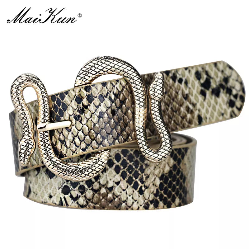 Maikun Belts for Women Snake Shape Pin Buckle Belt High Quality Leather Women Belt PU Waistband