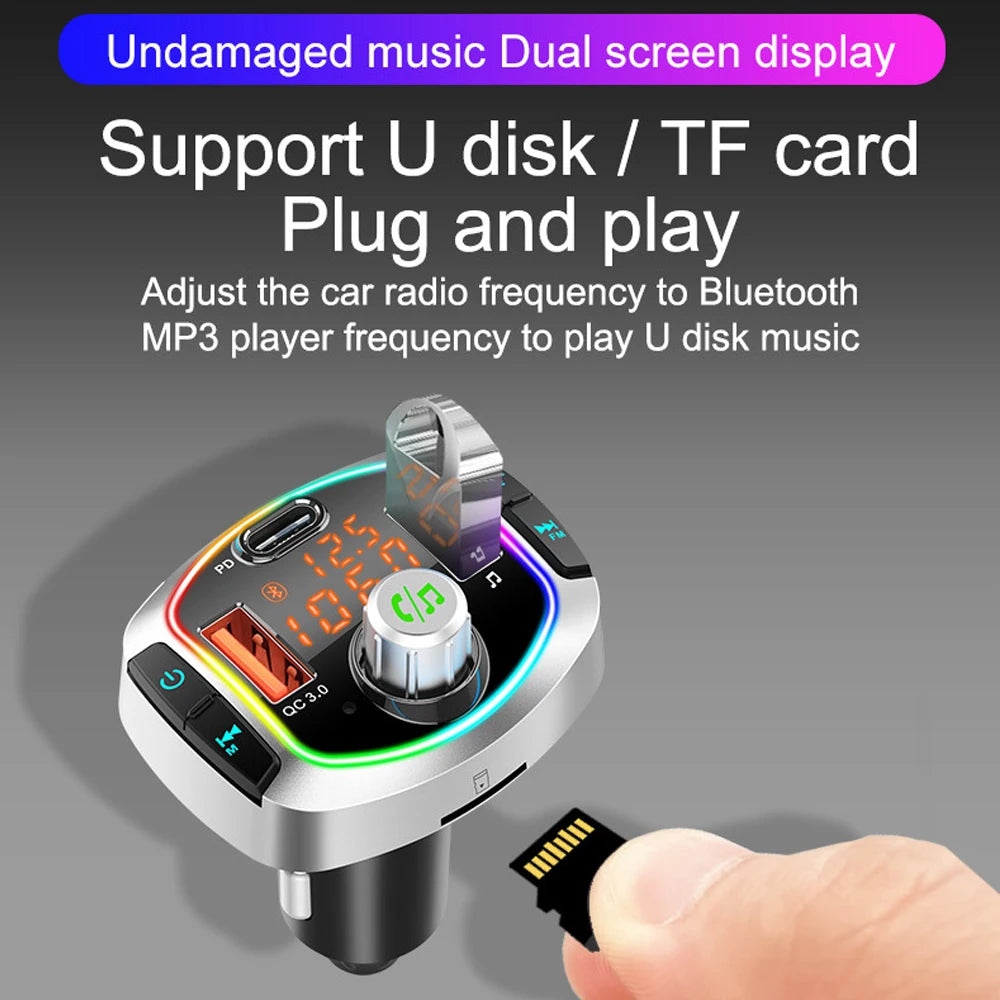 NEW Arrivals LED Backlit Bluetooth FM Transmitter Car MP3 TF/U Disk Player Handsfree Car Kit Adapter Dual USB QC 3.0+PD Type C Fast Charger