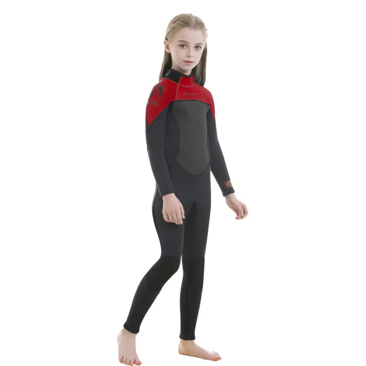 Neoprene Wetsuit 2.5MM Children Unisex One Piece Girls and Boys Surfing Diving Scuba Snorkeling Training Swimsuit Waterproof Warm Long Sleeve Sunscreen Children Water Sports Apparel Clothing Supplies
