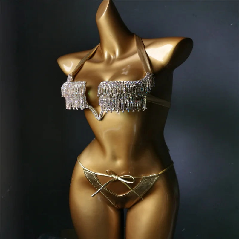 New Tassels Bikini Set Diamond Bling Stones Swimwear Sexy Women Rhinestone Bathing Suit Latest Beachwear