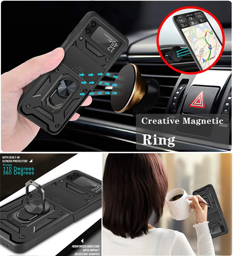 For Samsung Galaxy Z Flip 3 4 Case Magnetic Car Ring Shockproof Armor Stand Holder Phone Cases for Galaxy ZFLIP3 ZFLIP4 Cover