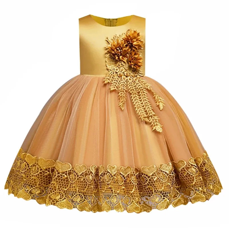 7 Colors Luxury Girls Evening Wedding Birthday Party Gown Lace Tutu Princess Dress Floral Embroidery Girls Children Clothing Kids Party Mermaid Bridal Dress Children Luxury Fashion Clothing Supplies