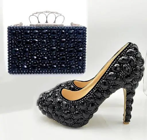 Luxury Black Crystal Wedding Shoes Set with Matching Bags Woman Fashion Diamonds Shoes 8CM-11CM-14CM High Heels Platform Plus Size Ladies Luxury Fashion Apparel Accessories Clothing Supplies