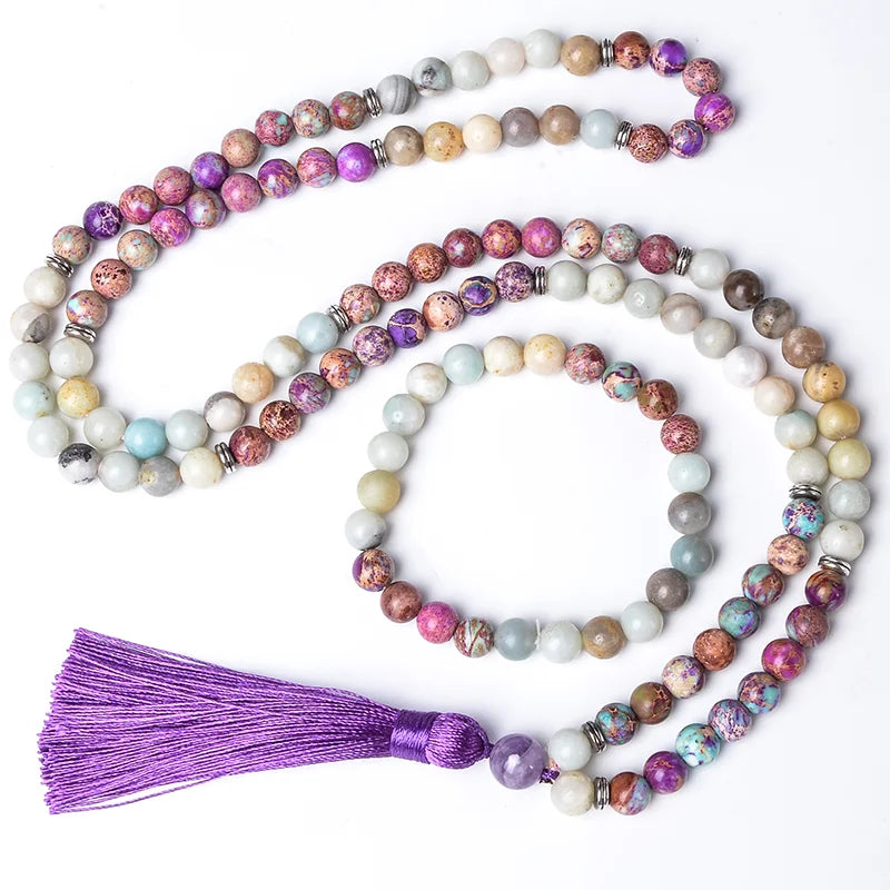 NEW Arrivals 2PCS Tibetan Traditional Set 108 Natural 8mm Emperor Jasper Amazonite Stone Beaded Mala Necklace Meditation Yoga Blessing Healing Jewelry Bracelet Rosary Set