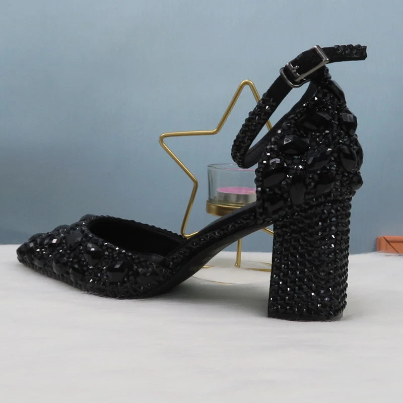Luxury Black Crystal Wedding Shoes Set with Matching Bags Woman Fashion Diamonds Shoes 8CM-11CM-14CM High Heels Platform Plus Size Ladies Luxury Fashion Apparel Accessories Clothing Supplies