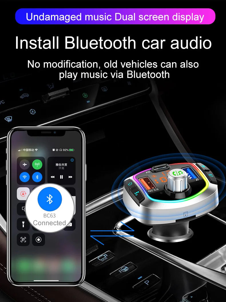 NEW Arrivals LED Backlit Bluetooth FM Transmitter Car MP3 TF/U Disk Player Handsfree Car Kit Adapter Dual USB QC 3.0+PD Type C Fast Charger