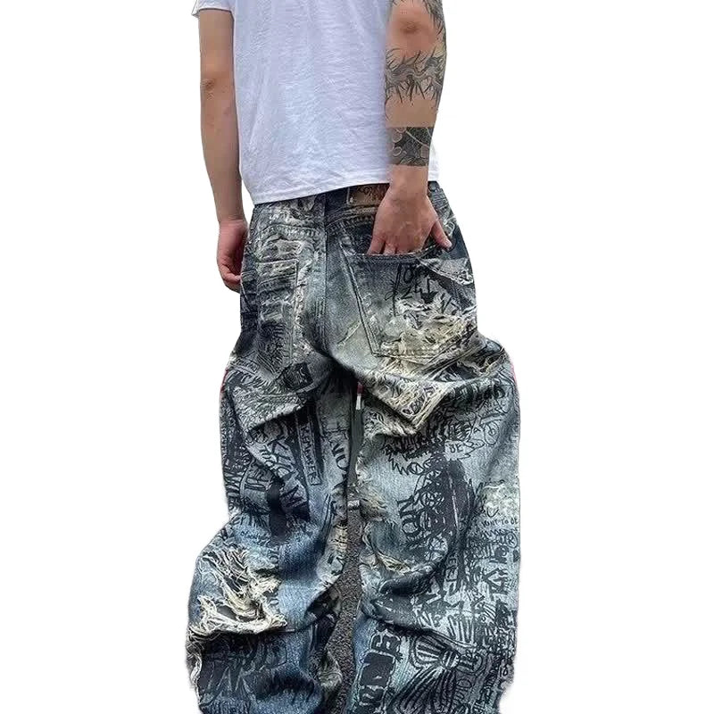 NEW Arrivals S-3XL Plus Size Men's Boys Baggy Jeans Pants Heavy Distressed 3D Digital Print Graffiti Straight Jeans Wide Leg Denim Pants Evening Rave Music Party Y2K Streetwear Autumn Spring Casual Clothing Supplies