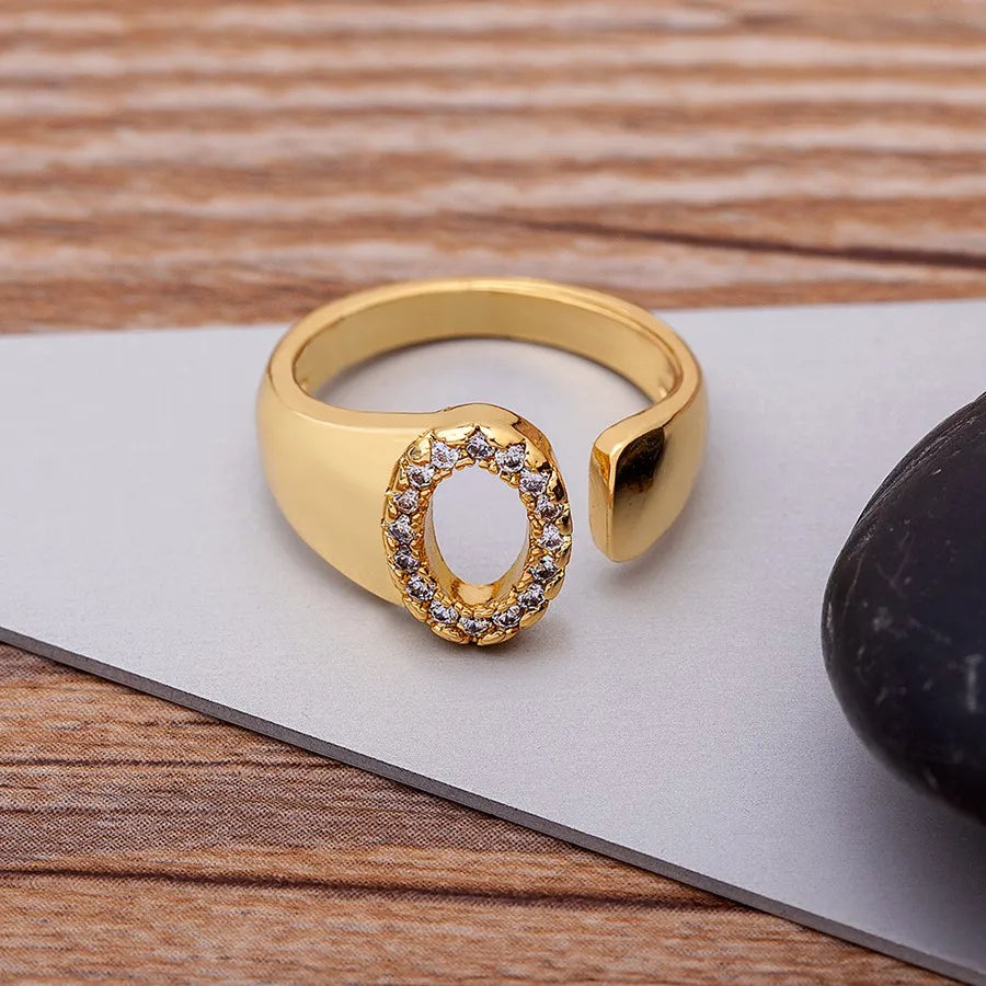 New Fashion A-Z Letter Gold Color Metal Adjustable Opening Ring Initials Name For Women Finger Rings Party Crystal Jewelry Ladies Girls Luxury Jewelry Supplies