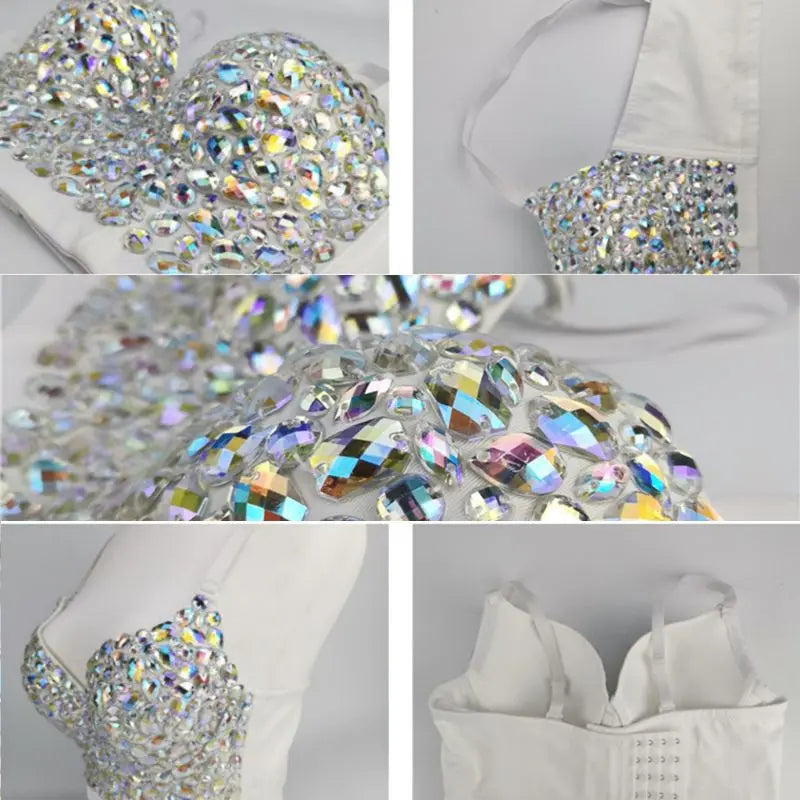 NEW Women AB Colored Rhinestone Bustier Luxury Crop Top Spaghetti Strap Push Up Corset Vest F3MD Women Tops