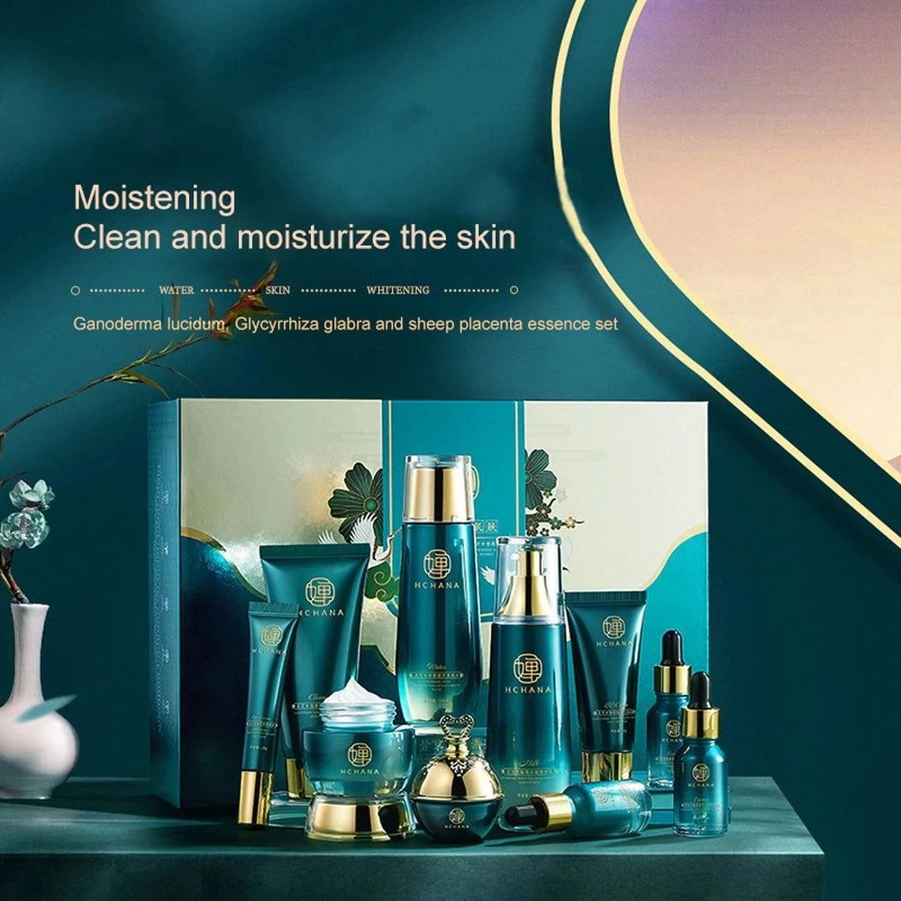 Korean Ganoderma Lucidum Skin Care Set 10PCS Face Toner Eye Essence Cream Sheep Placenta Anti-Aging Serum Facial Cleanser Kit For Women Korean Cosmetic Products
