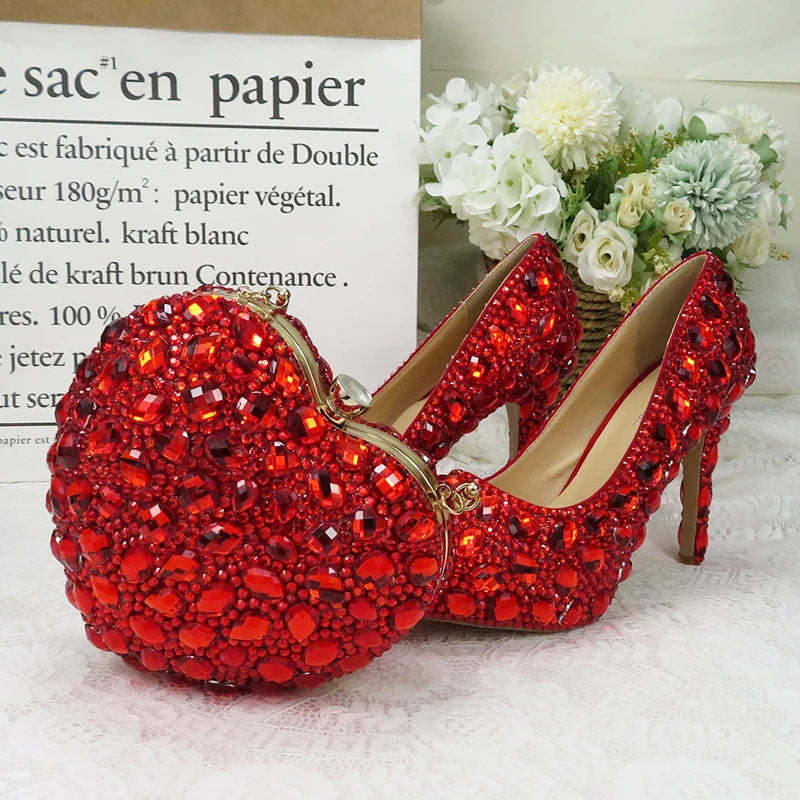 Luxury Handmade Red Rhinestone Women Wedding Shoes Set with Matching Bags Bride Woman Shoes and Purse Platform Night Formal Business Dinner Concerts Shoes Ladies Luxury Fashion Apparel Accessories Clothing Supplies