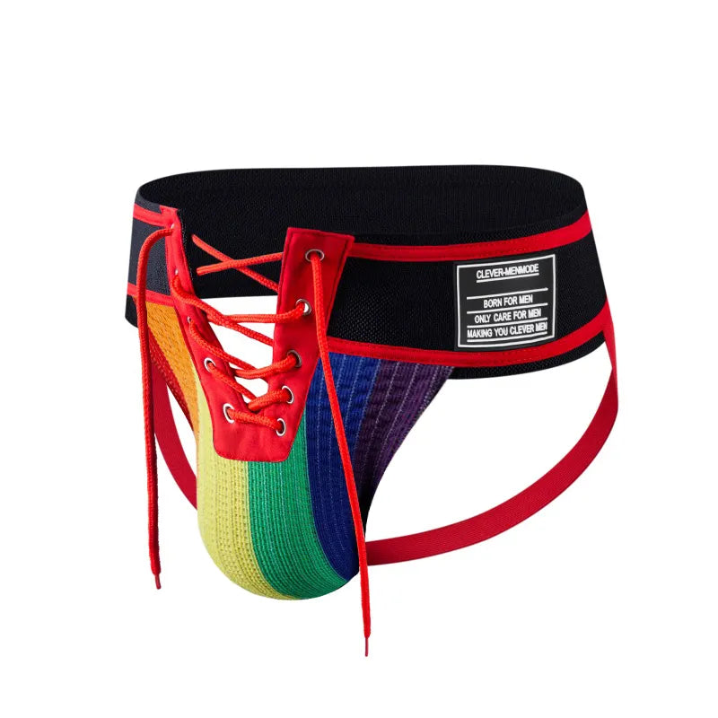 Adult CLEVER-MENMODE Sexy Thong Men Jockstrap Underwear Lacing Penis Pouch Lingerie Open Front G String Lace Up Underpants Erotic