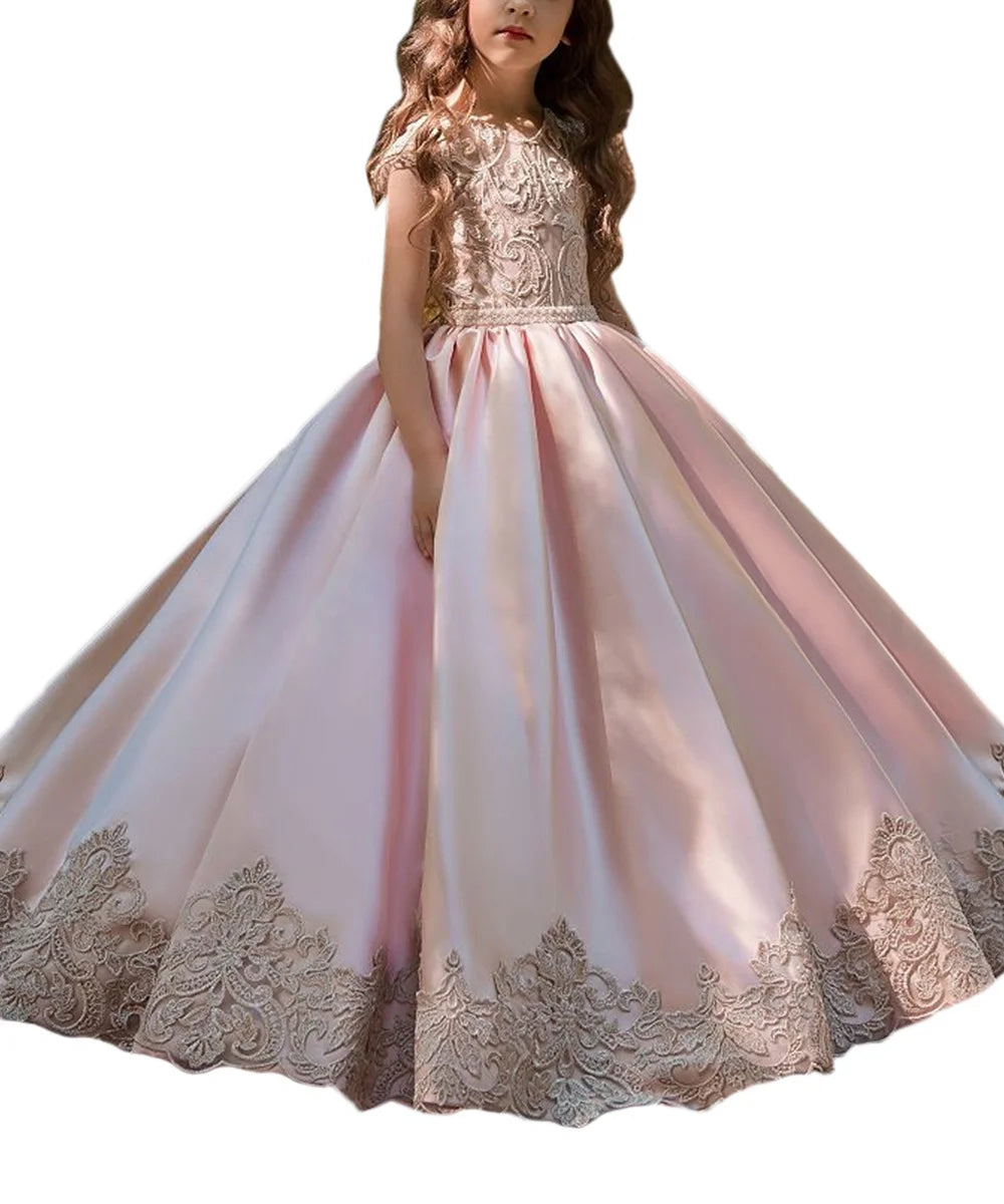 Ivory/Pink Color Girls Children Elegant Champagne Gold Lace Applique Girls Bridesmaid Wedding Party Dress First Communion Gown Ball Gown Kids Evening Birthday Wear Fille Luxury Gown
