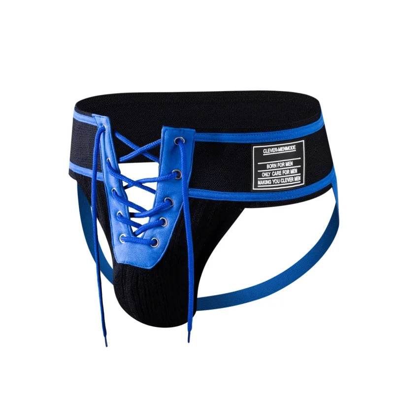 Adult CLEVER-MENMODE Sexy Thong Men Jockstrap Underwear Lacing Penis Pouch Lingerie Open Front G String Lace Up Underpants Erotic