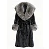 Black/White Color Women's Elegant Thick Woven Plush Artificial Fur Coat Big Lapel Fox Collar Belt Waist Long Winter Warm Eco-Friendly Plain Dyed Outerwear Windproof Long Jackets Ladies Winter Apparel Supplies.