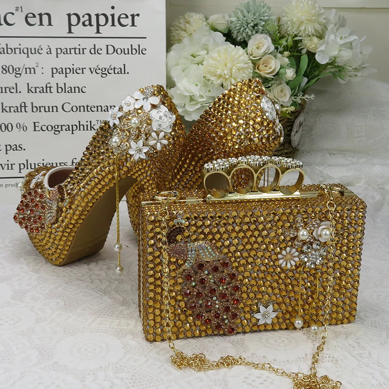 NEW Arrivals Golden Party Dress Shoe with Matching Bag Purse Crystal Wedding Shoes Bride Women's High Heel Platform Shoe High Pumps Purse Female Ladies Luxury Fashion Apparel Accessories Sets Clothing Products