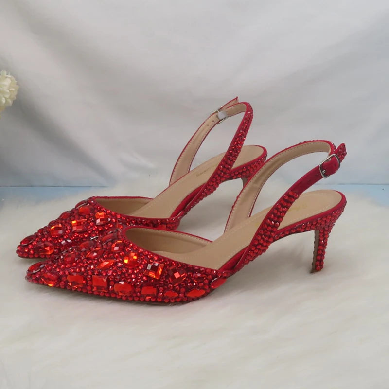 NEW Luxurious 10 Colors Summer Female Red Sandals Crystal Party Sandals Purse Set Wedding Shoes Bridal Woman Fashion Pointed Toe Thin Heel Sandals Girls Ladies Luxury Fashion Apparel Accessories Sets Clothing Supplies