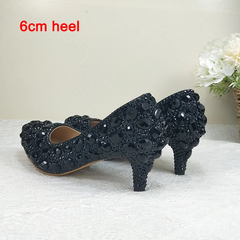 Luxury Black Crystal Wedding Shoes Set with Matching Bags Woman Fashion Diamonds Shoes 8CM-11CM-14CM High Heels Platform Plus Size Ladies Luxury Fashion Apparel Accessories Clothing Supplies