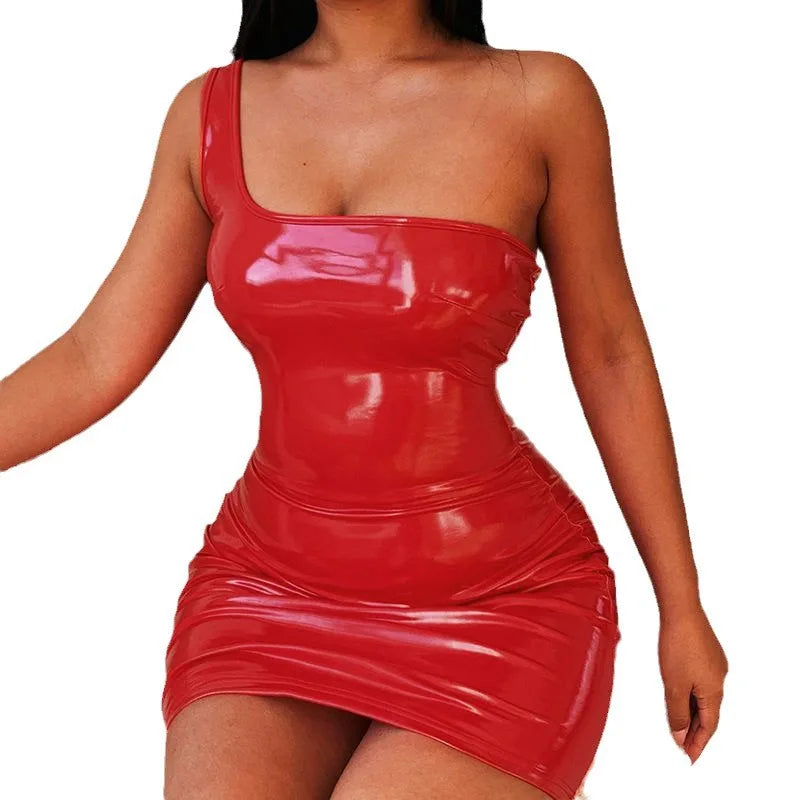 NEW S-XL Red Solid Sexy Hot Mini Dresses Women Midnight Night Club Evening Party Sexy Skinny PU Leather Bodycon Ladies Tube Dress With Sleeve Ladies Sexy Fashion Clothing Supplies