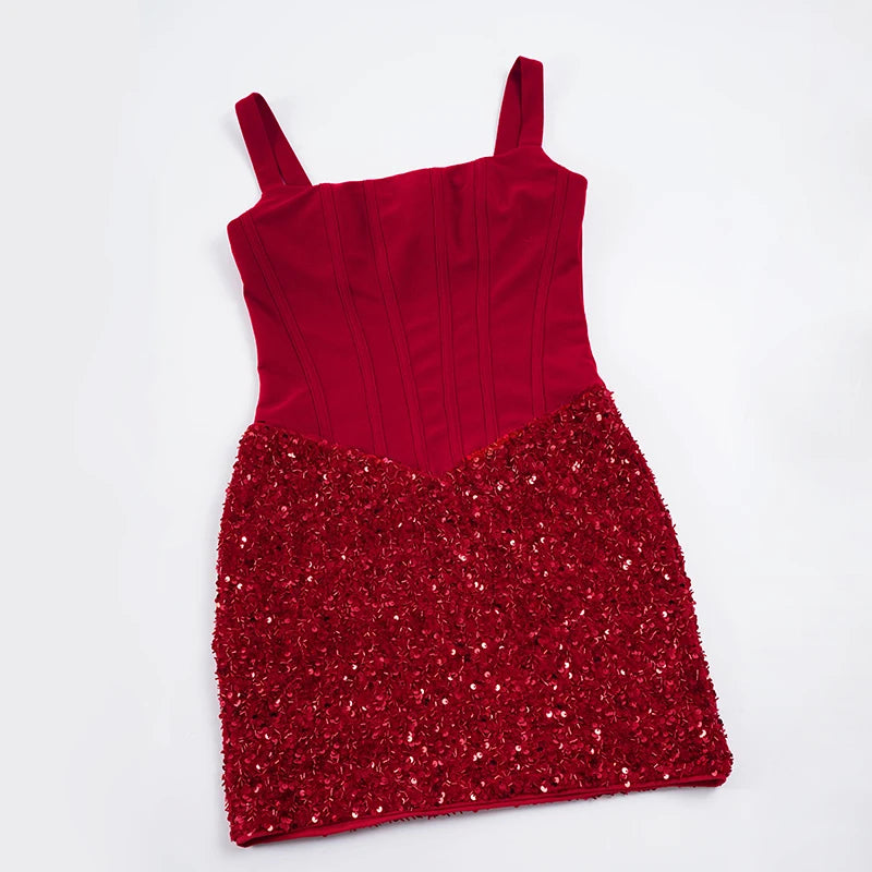 Women's Red Sequin A-Line Sexy Mini Dress Sleeveless Square Neck SKINNY Fit Sexy Backless High Waist Breathable Anti-Wrinkle Evening Party Night Clubwear Ladies Clothing Supplies