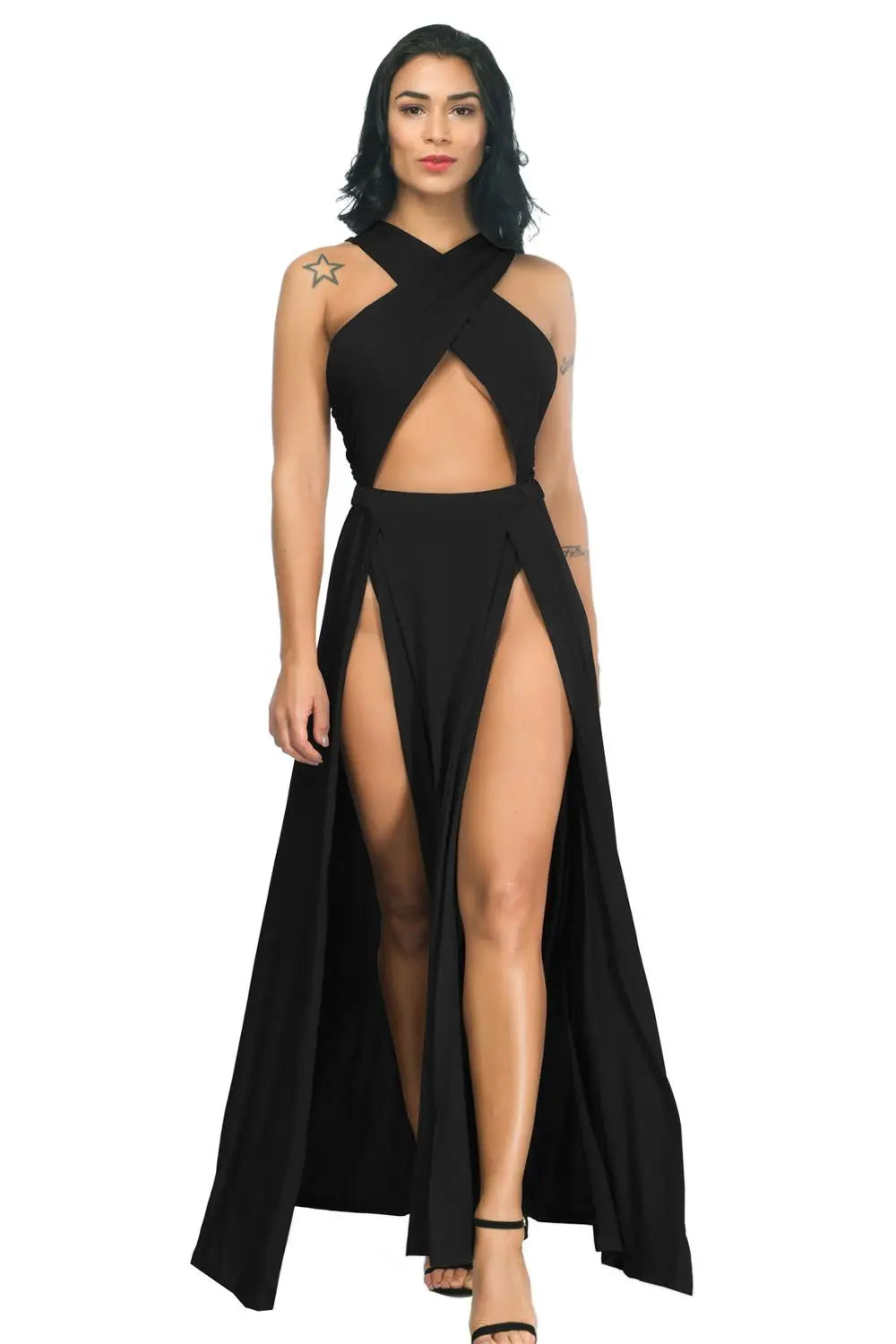 NEW Arrivals M-3XL Plus Size Sexy Cross Strap Off Shoulder Solid Color Split Black Long Dress Summer Women Asymmetrical Evening Beach
Party Night Club Dress