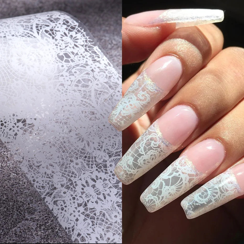 10 Rolls/Box White Black Lace Nail Art Foils Set Nail Transfer Sticker Paper DIY Manicure Nail Decoration Accessories