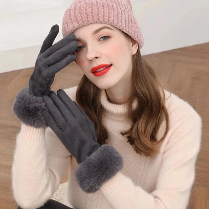 NEW Arrivals 18 Colors Women Faux Rabbit Fur Wrist Suede Leather Touch Screen Driving Glove Winter Warm Plush Thick Full Finger Cycling Black Mitten H92 Women Ladies Luxury Fashion Apparel Accessories