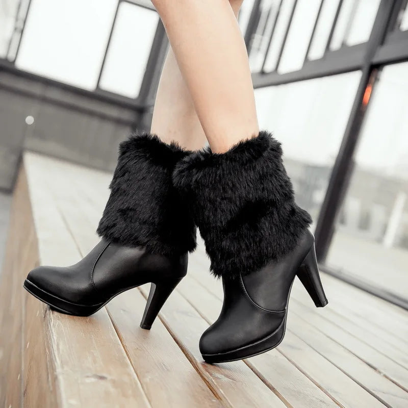 Brand NEW Black/White/Pink Luxury Women Boots Autumn Winter Warm Fur New Sexy Fashion PU Leather Mid-Calf Motorcycle Snow Boots High-Heeled Shoes 369