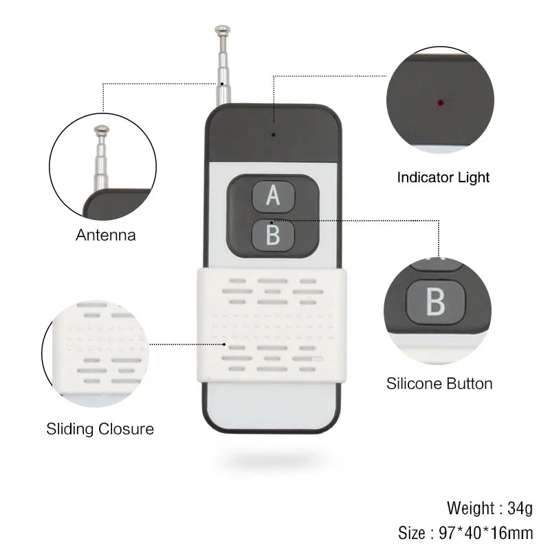 433MHz Remote Control Long Range 1000m Wireless Transmitter DC 6-30V 2CH RF Receiver Universal For Garage/Gate/Motor/Light/Lamp