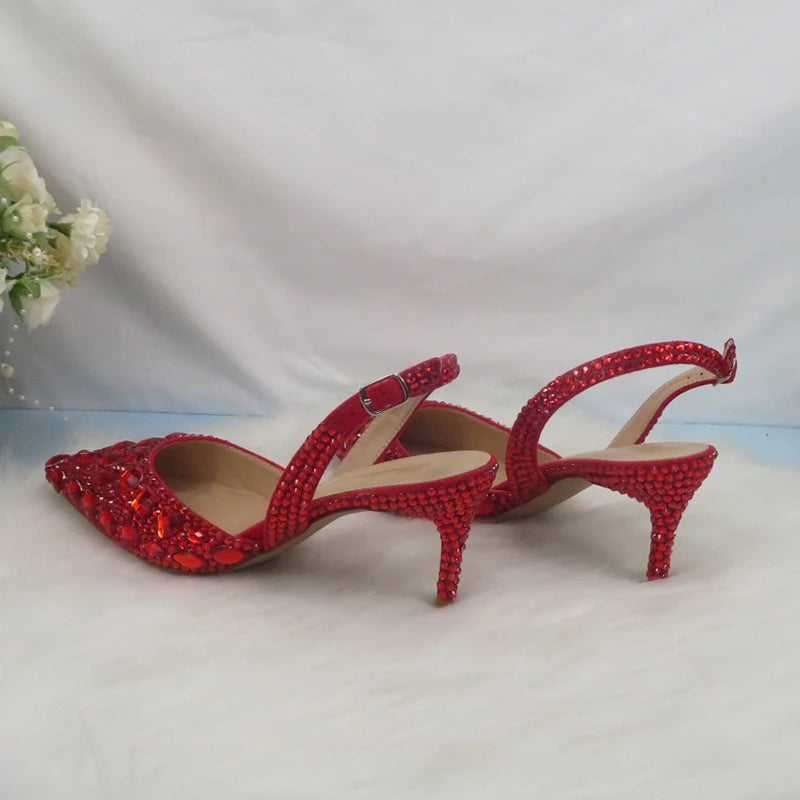 NEW Luxurious 10 Colors Summer Female Red Sandals Crystal Party Sandals Purse Set Wedding Shoes Bridal Woman Fashion Pointed Toe Thin Heel Sandals Girls Ladies Luxury Fashion Apparel Accessories Sets Clothing Supplies