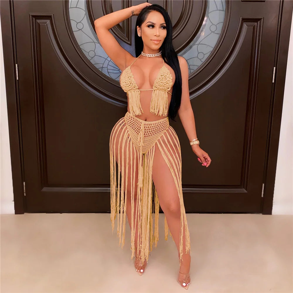 NEW 2PCS Set 5 Colors Sexy Knitted Swimwear Women Backless Crop Top and Tassel Long Skirts Sets Summer Beach Vacation Party Club Outfits