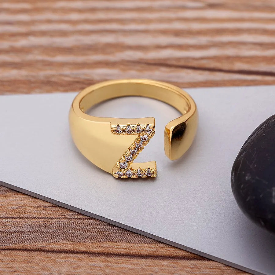 New Fashion A-Z Letter Gold Color Metal Adjustable Opening Ring Initials Name For Women Finger Rings Party Crystal Jewelry Ladies Girls Luxury Jewelry Supplies