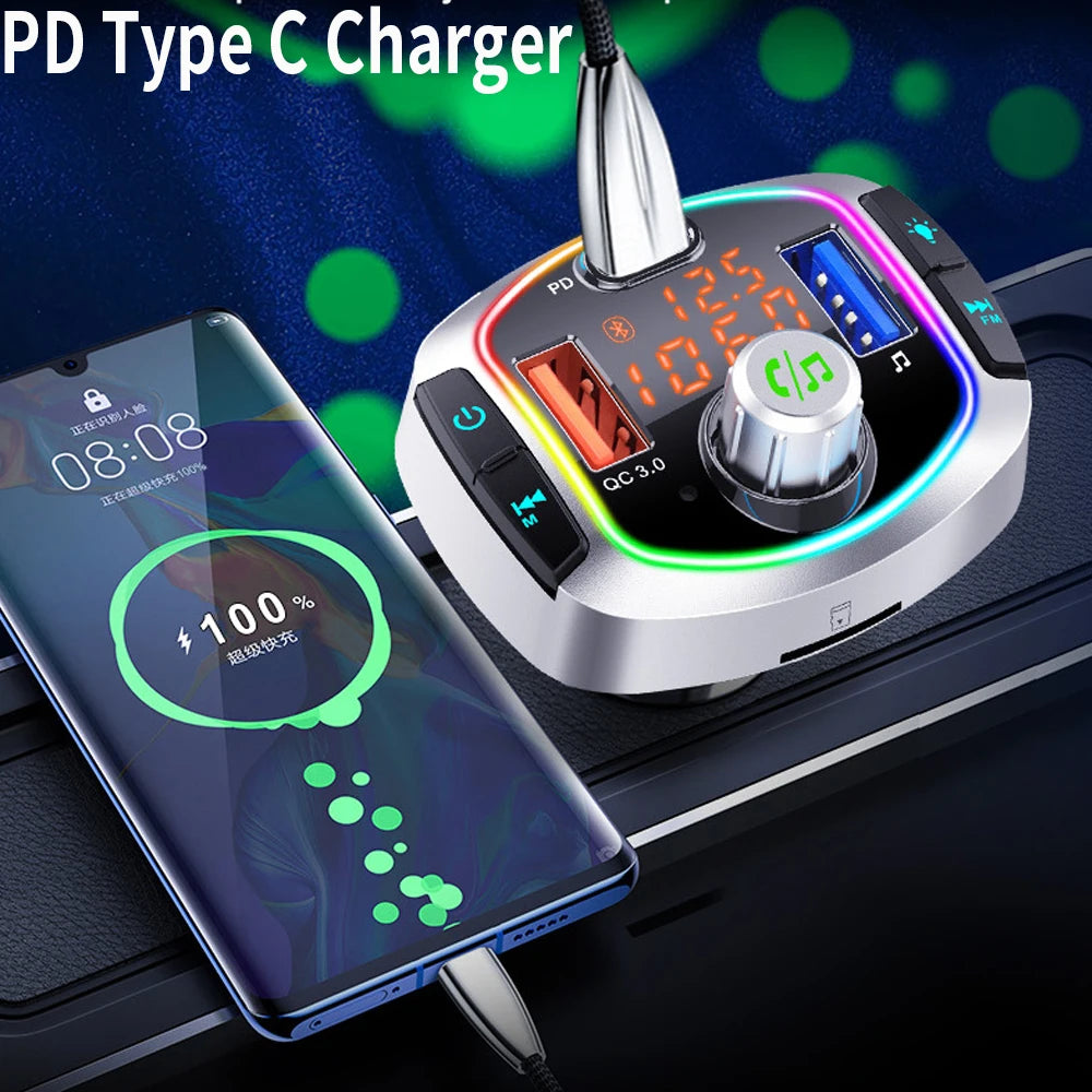NEW Arrivals LED Backlit Bluetooth FM Transmitter Car MP3 TF/U Disk Player Handsfree Car Kit Adapter Dual USB QC 3.0+PD Type C Fast Charger