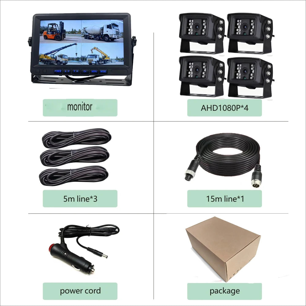 Full HD 1080P AHD 4-Channel Car Truck Vehicles DVR System Pedestrian Detector Reverse Camera 18 IR Night Vision Loop Recording Waterproof Heavy Duty 7.0inch Car Monitoring Security Supplies
