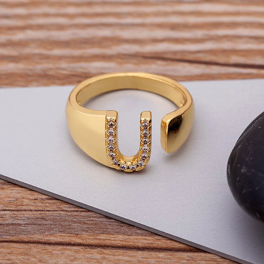 New Fashion A-Z Letter Gold Color Metal Adjustable Opening Ring Initials Name For Women Finger Rings Party Crystal Jewelry Ladies Girls Luxury Jewelry Supplies