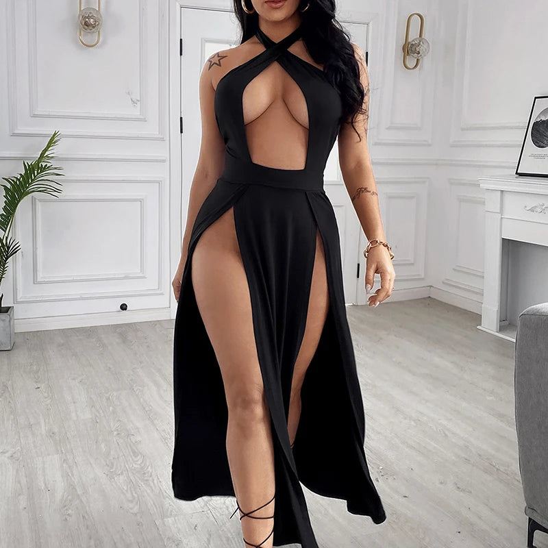 BRAND NEW S-3XL Plus Size Apricot/Black Extremely Sexy Elegant Evening Party Fashion Chubby Women Solid Criss Cross Halter Neck Dress Summer Evening Night Club Party Hollow Out Double High Split Long Dress