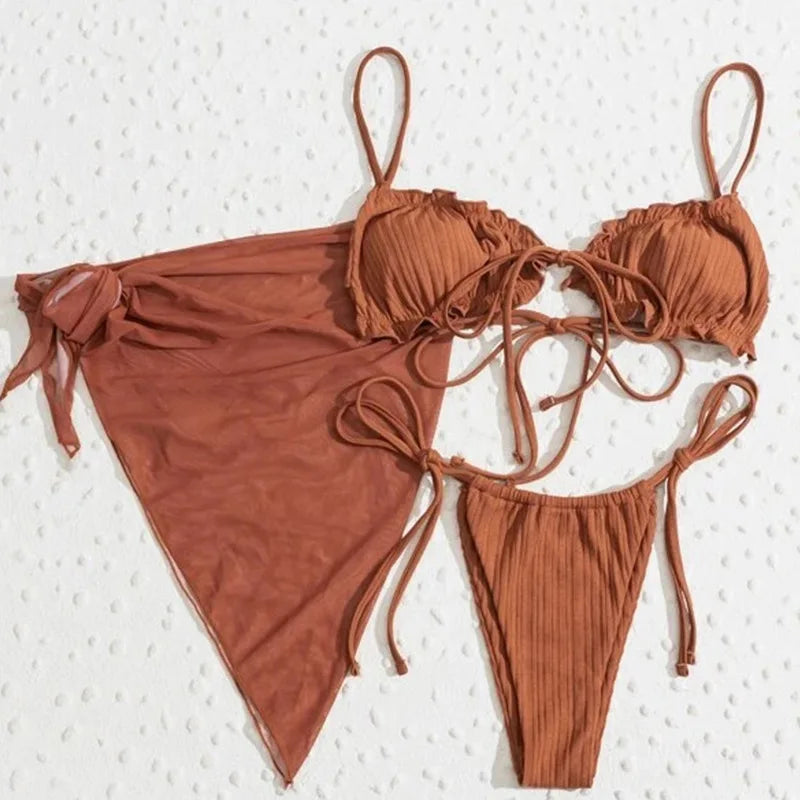 NEW 3PCS Set 4 Colors Sexy Bikini Set with Cover Up Beach Dress Solid Push Up Biquini Brazilian Swimwear Women Thong Bikinis Ladies Sexy Swimwear Suit