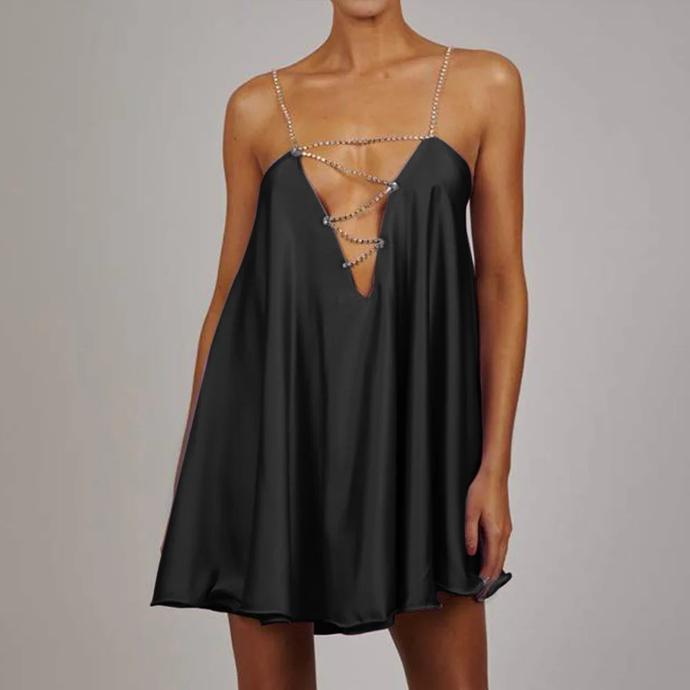 S-XL 6 Colors Women Holiday Clothes Club Party Clothes Summer Dress Diamonds Strap Chain Double Layers Satin Mini Dresses