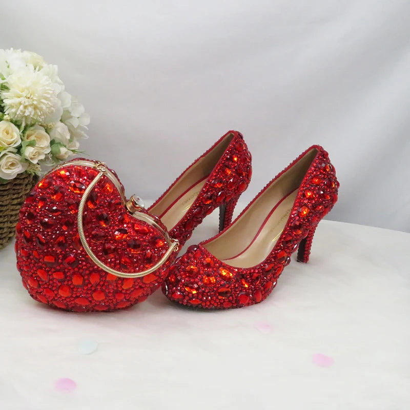 Luxury Handmade Red Rhinestone Women Wedding Shoes Set with Matching Bags Bride Woman Shoes and Purse Platform Night Formal Business Dinner Concerts Shoes Ladies Luxury Fashion Apparel Accessories Clothing Supplies