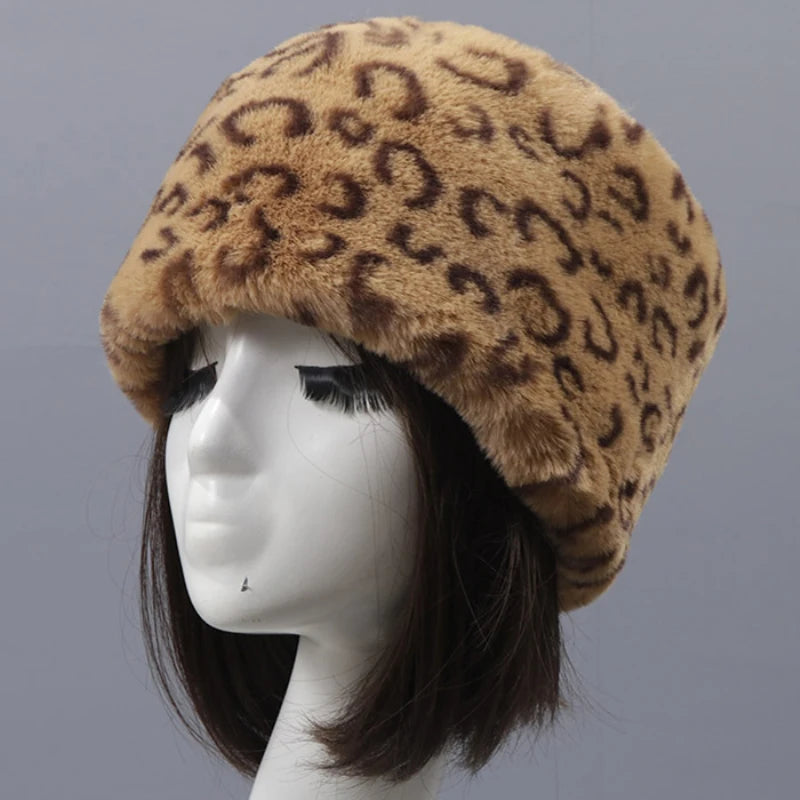 Luxury Siberian Style Leopard Women Girls Winter Warm Hat Faux Fur Hat Head Ears Cover Caps Ladies Thick Beanies Female Bomber Hat Flat Top Russian Hat Female Ladies Luxury Fashion Clothing Products