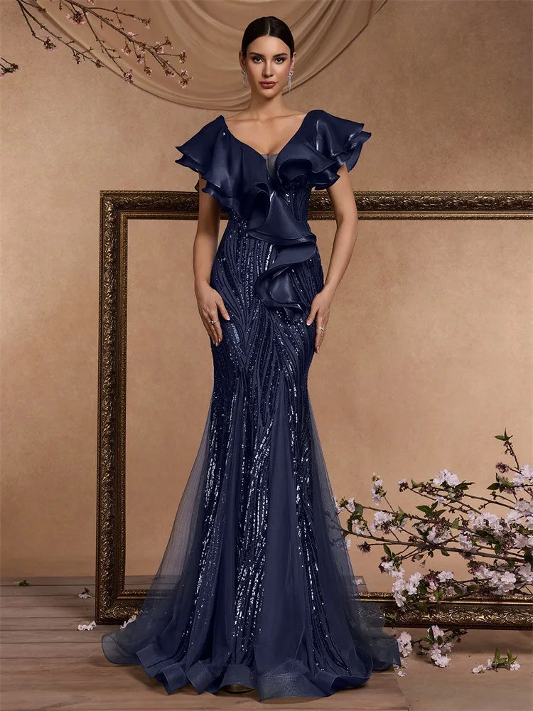 Mother of Bride Luxury Gowns 3 Colors for Women Evening Wedding Guest Party Dresses Elegant Ruffle Sleeve Sequin Backless Formal Dress Mermaid Gowns Ladies Formal Apparel Supplies
