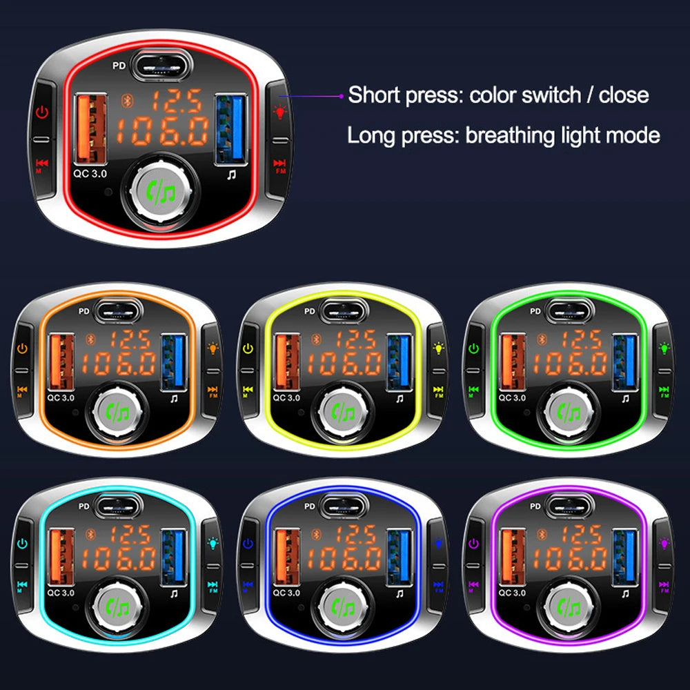 NEW Arrivals LED Backlit Bluetooth FM Transmitter Car MP3 TF/U Disk Player Handsfree Car Kit Adapter Dual USB QC 3.0+PD Type C Fast Charger