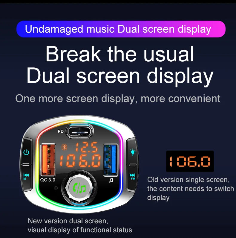 NEW Arrivals LED Backlit Bluetooth FM Transmitter Car MP3 TF/U Disk Player Handsfree Car Kit Adapter Dual USB QC 3.0+PD Type C Fast Charger