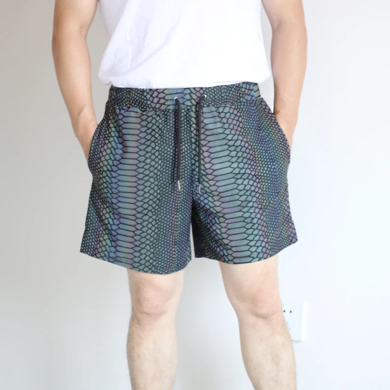 NEW Arrivals Harajuku Japanese Summer Shorts Men Jogger Reflective Safety Trouser Snakeskin Drawstring Elastic Waist Cycling Gym Shorts With Pockets Rave Party Summer Beach Party Shorts