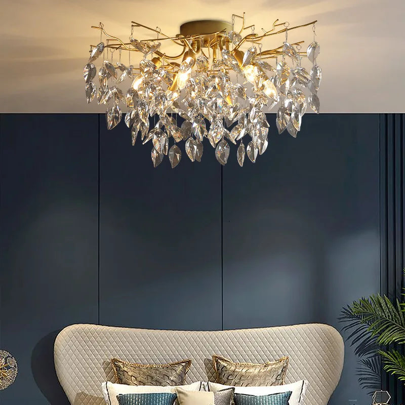Villa Home Living Room Luxury Crystal Ceiling Lamp Bedroom Living Room Raindrop Branch Shaped Pendent Lamp Modern French Art Decoration Hanging Light