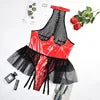 Black/Red Color Women Sexy Mesh Cutout Cosplay Bodysuit Hanging Neck Jumpsuit Lace Patchwork Sexy Underwear Gauze Pongee Skirt Swing Garter XXL Bulk