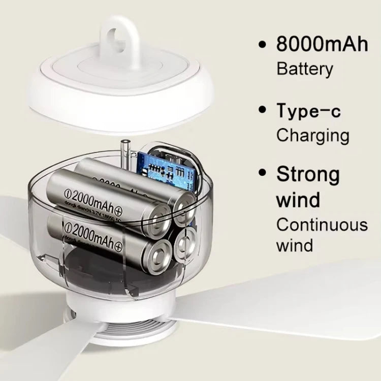 NEW Arrivals Ceiling Fan Portable Outdoor Camping Home Indoor Bedroom Fan With Light & Remote Control Built In 8000mAh Battery(White) Air Cooler