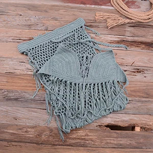 NEW Arrivals Sexy Hot Boho Women Sexy Handmade Crochet Bikini Set Knitted Handmade Beach Swimwear Halter Long Tassel Swimsuit Female Ladies Beach Wear