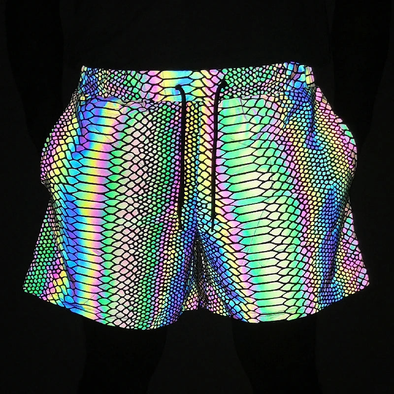 NEW Arrivals Harajuku Japanese Summer Shorts Men Jogger Reflective Safety Trouser Snakeskin Drawstring Elastic Waist Cycling Gym Shorts With Pockets Rave Party Summer Beach Party Shorts